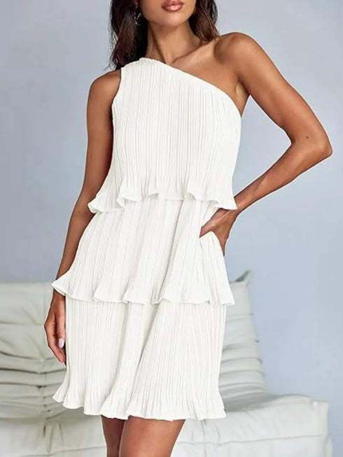 'Hesper' Layered Single Shoulder Mini Dress - Celes Fashion